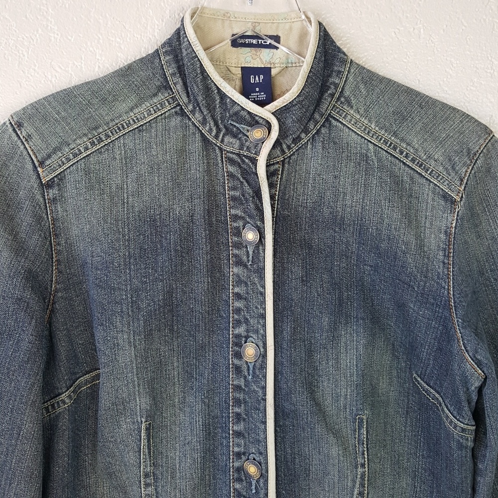 Vintage Gap Stretch Dip Dye Dark Denim Floral Trim Boho Mock Neck Jacket Coat S - Picture 3 of 8